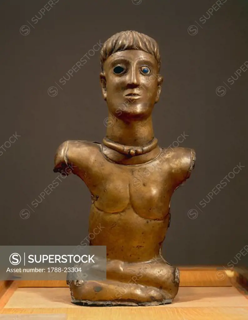 France, La Ferte-Alais, Essonne, Statuette known as the God of Bouray, bronze with enamel eyes