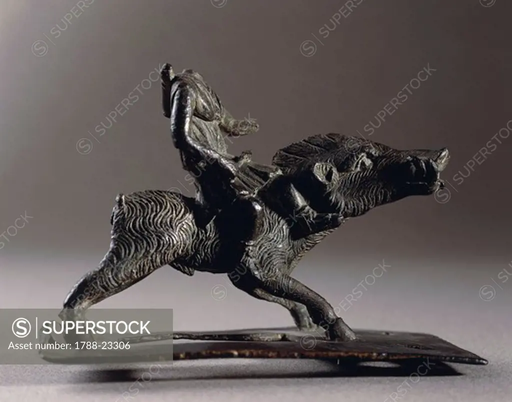 Switzerland, Jura, Statuette representing Goddess Arduinna riding a wild boar, bronze