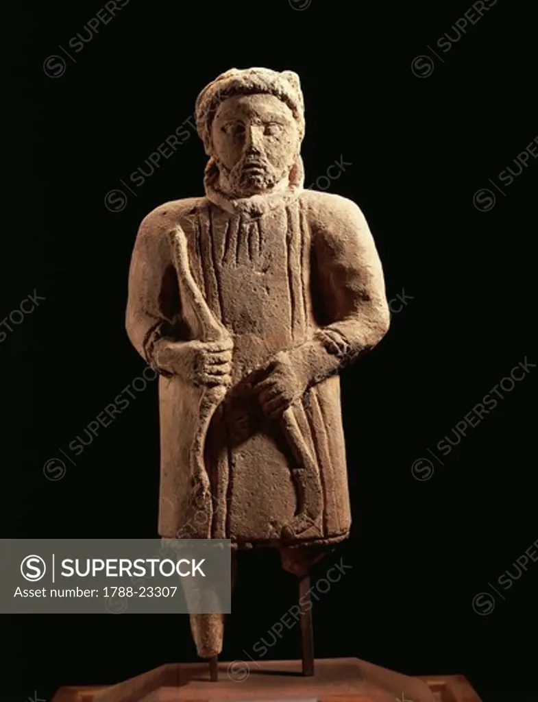 France, Sarthe, Mont-Saint-Jean, Sculpture representing a foreign God, limestone