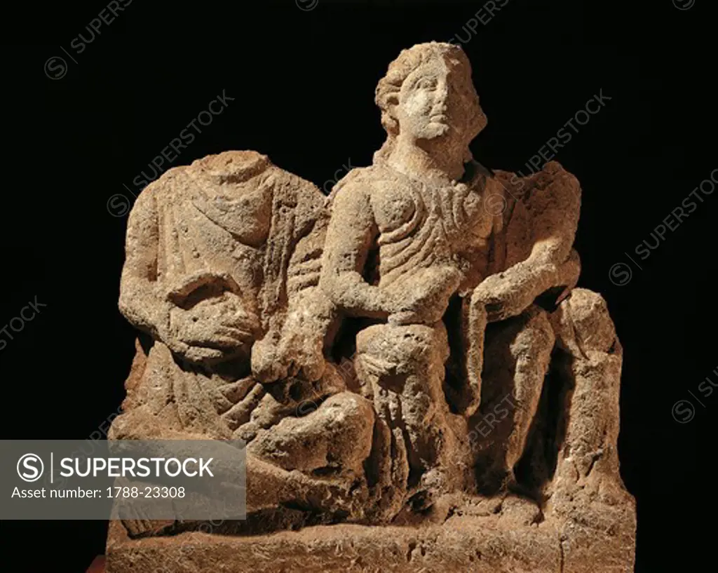 France, Charente-Maritime, Saintes, Sculpture representing a divine couple, stone