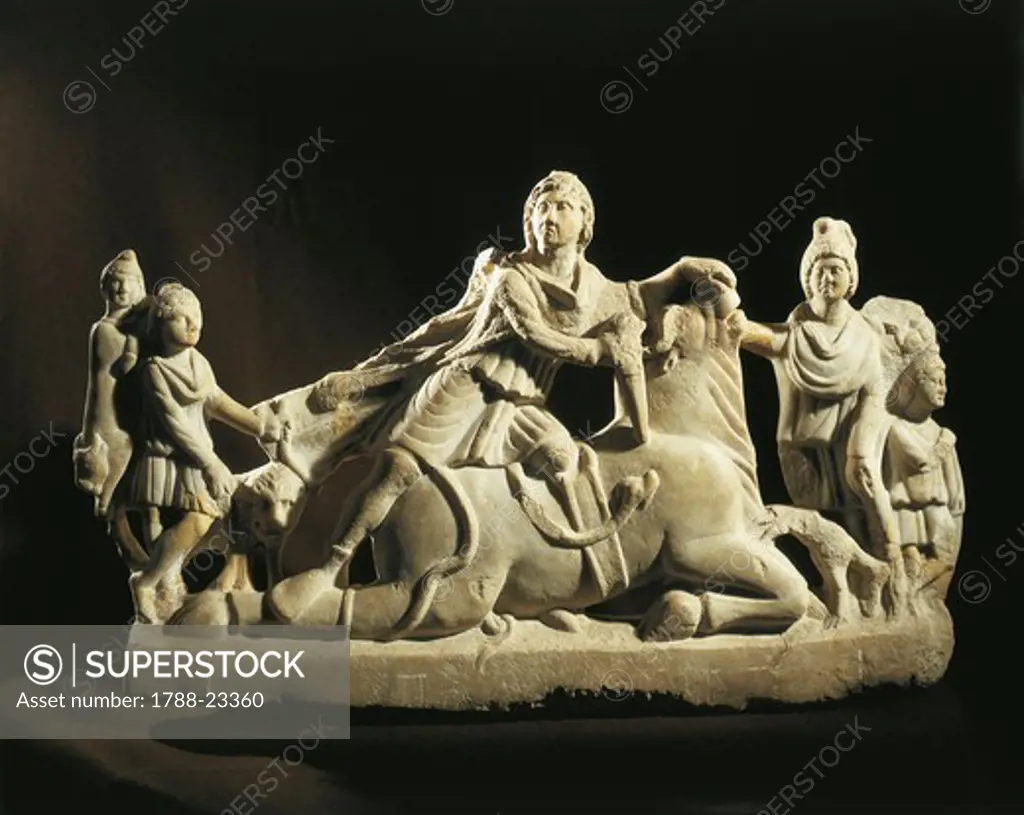 Romania, Trajana, Ulpia, Bas-relief depicting god Mithras killing a bull (tauroctony)