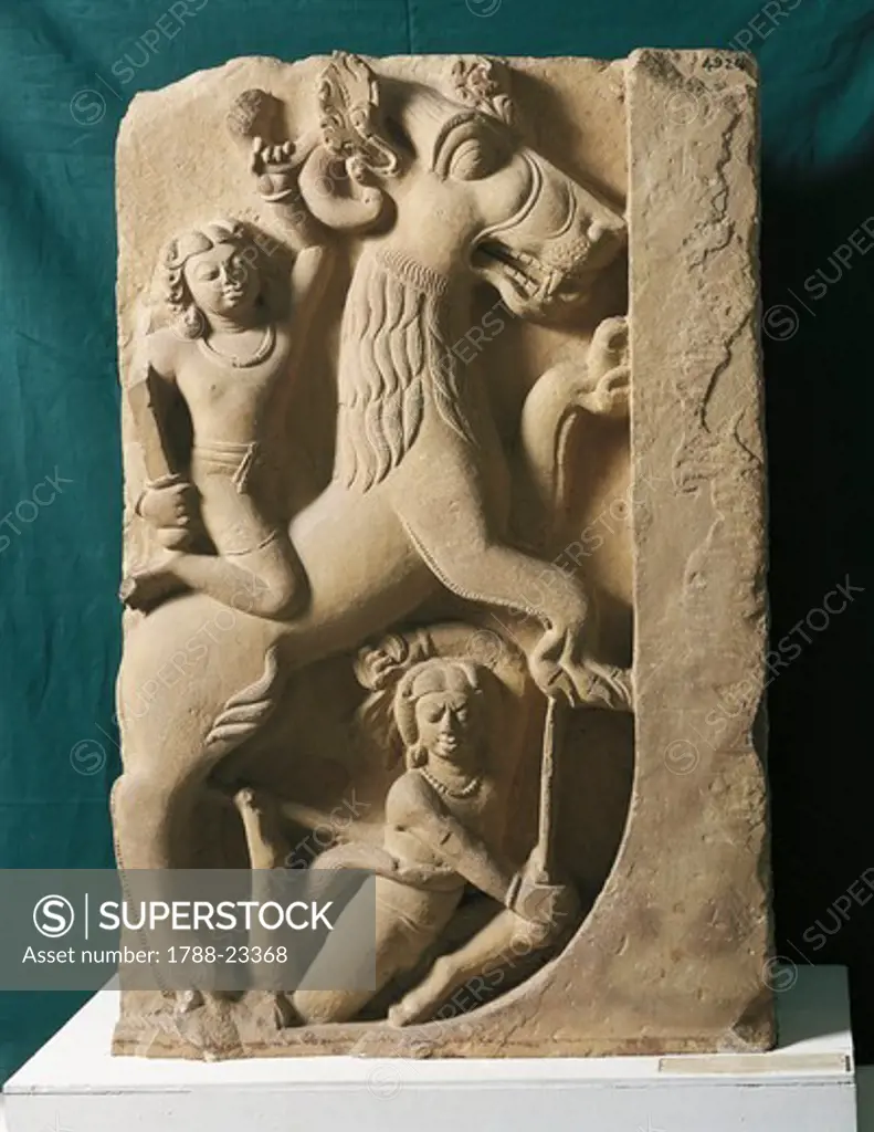 India, Uttar Pradesh, Sarnath, Gryphon with two warriors, Gupta period