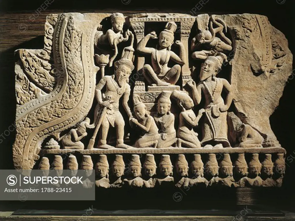Combodia, Angkor, Relief depicting Parvati while declining Shiva's proposal, Bayon style, sandstone