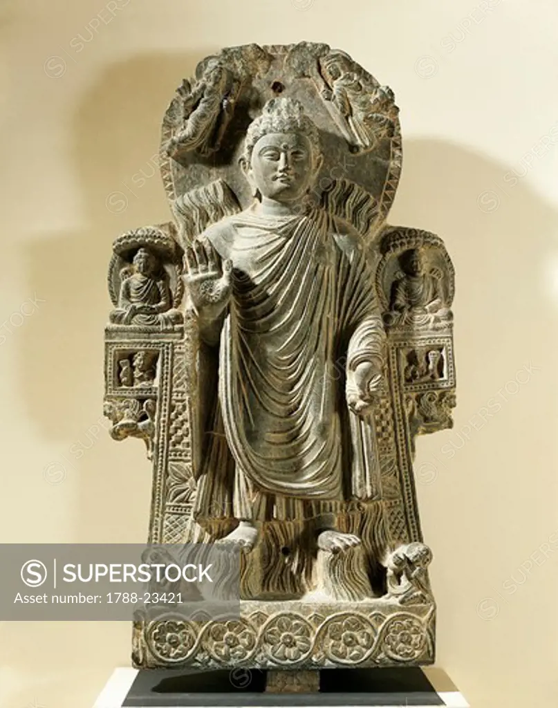Afghanistan, Paitava, Relief depicting Buddha known as the Buddha of the Great Miracle, Schist