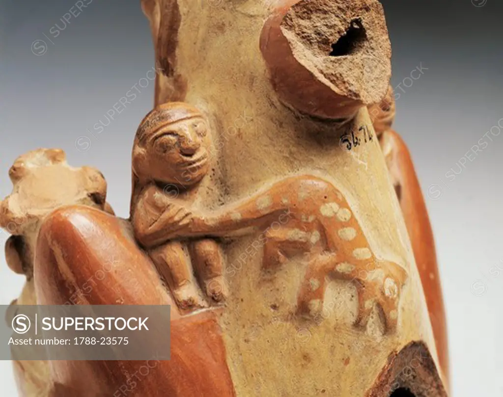 Detail of vessel representing the cult of the mountain, Mochica culture, terracotta