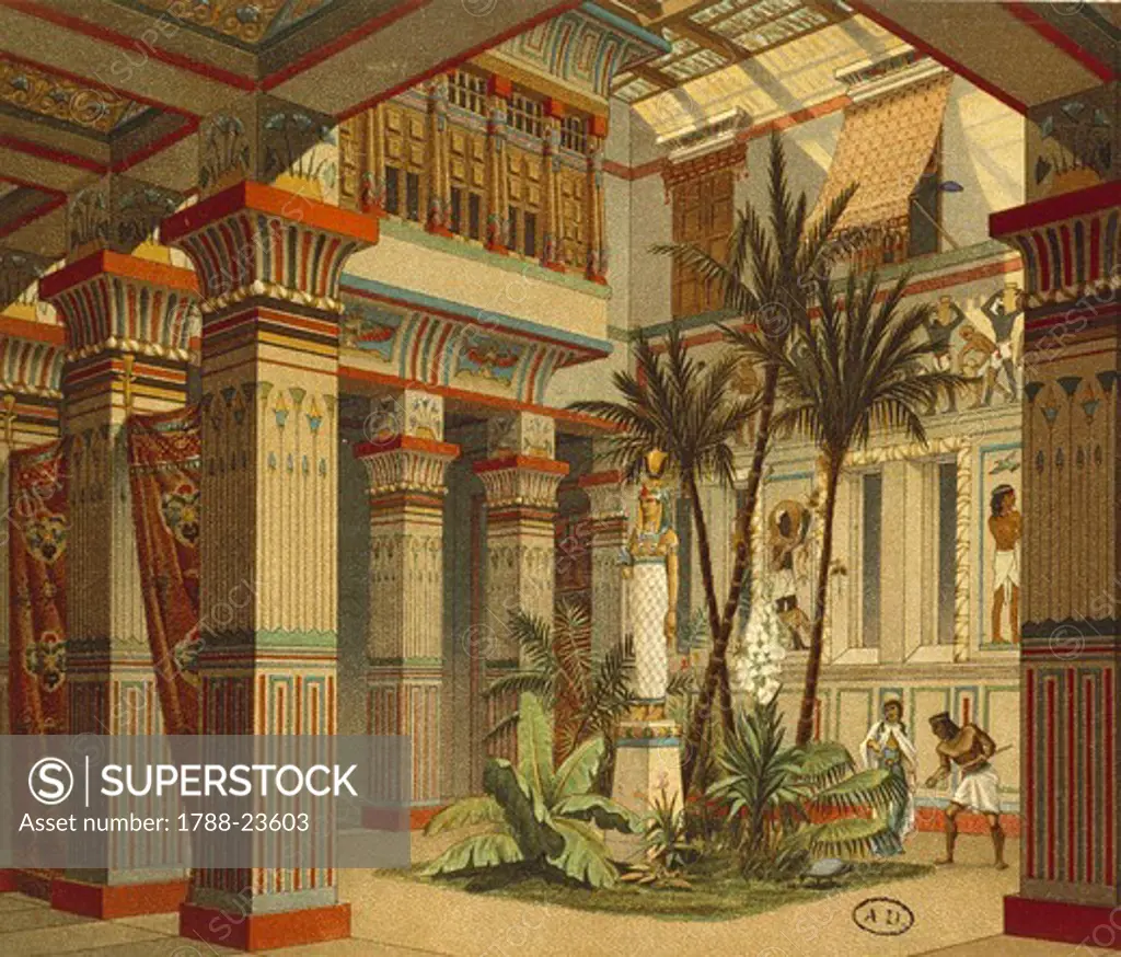 Egypt, Tell el Amarna, Ideal reconstruction of a rich dwelling from the 15th Century B.C. lithograph by Charpentier