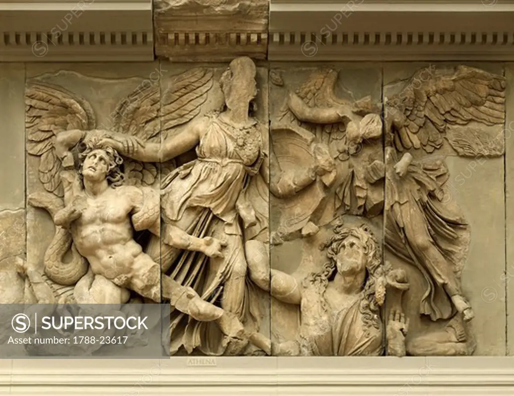 Turkey, Bergama, Detail of the frieze from Pergamon altar representing Athena fighting against the children of Gaia