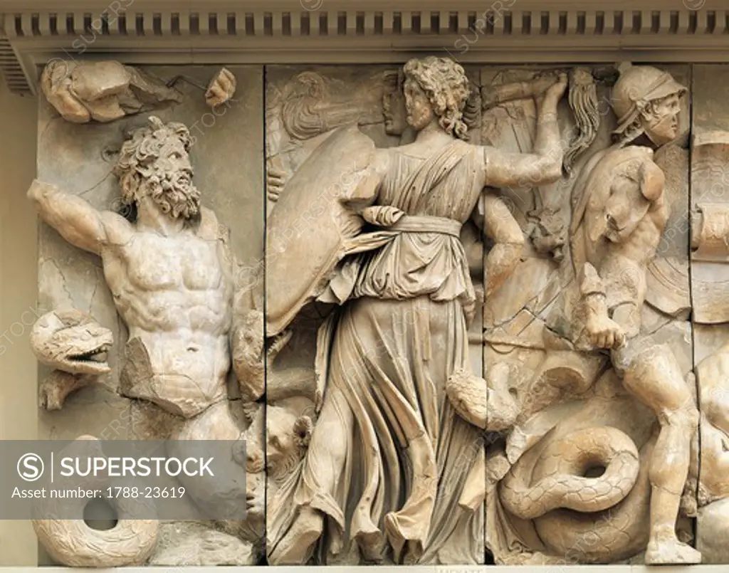 Turkey, Bergama, Detail of the frieze from Pergamon altar representing Hecate fighting against the giants