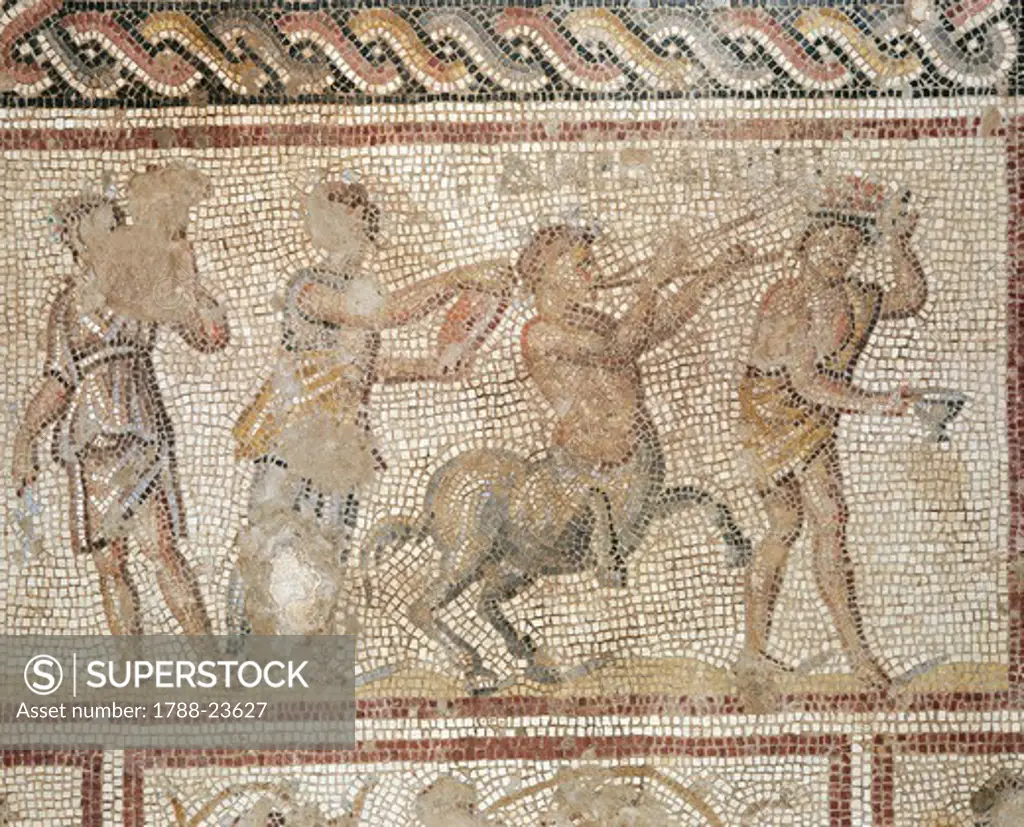 Israel, Nazareth, Zippori, Sepphoris, Floor mosaic depicting scenes from the life of Dionysus (Bacchus) from the Roman villa, detail of a centaur