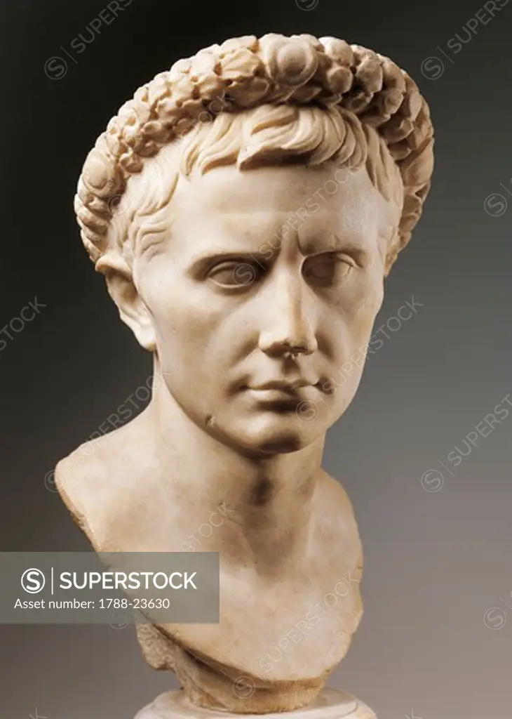 Head of Emperor Augustus (Gaius Iulius Caesar Octavianus; 63 B.C. - 14 A.D.), Julio-Claudian dynasty, imperial age, marble