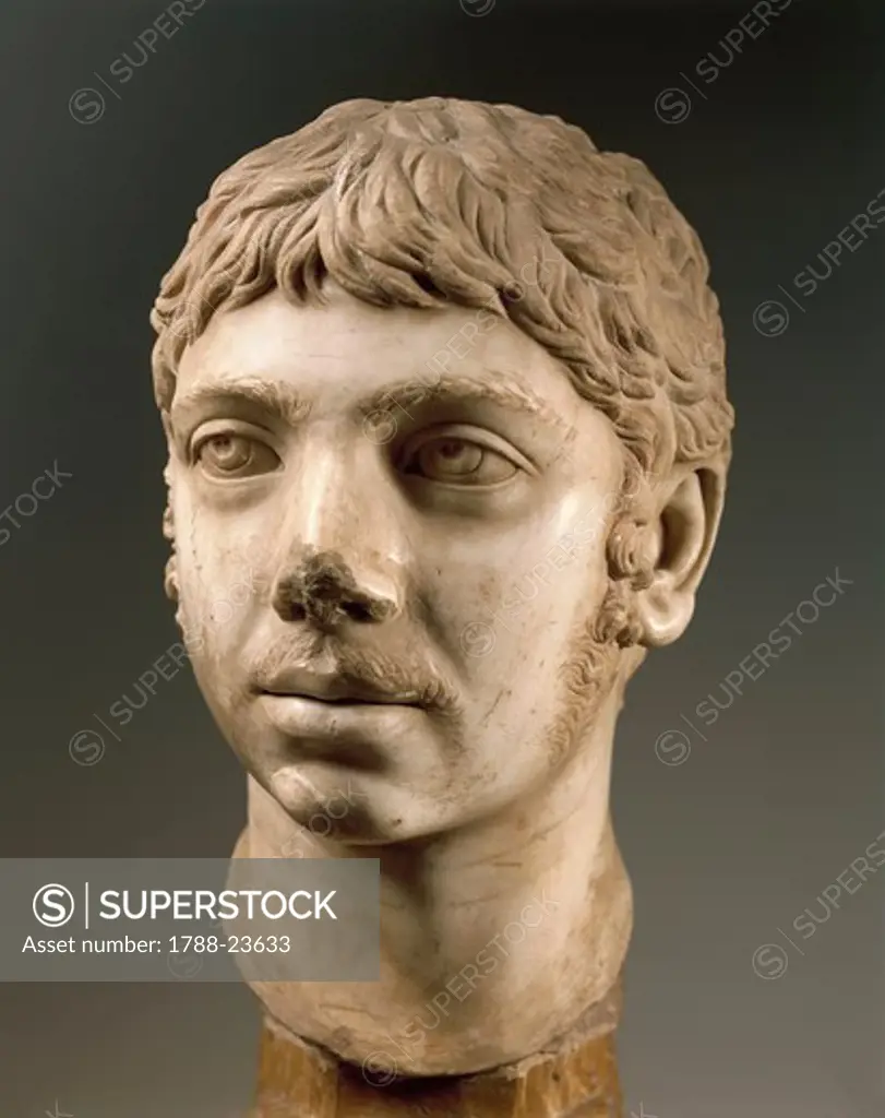 Head of Emperor Marcus Aurelius Antoninus (Sextus Varius Avitus Bassianus better known as Elagabalus or Heliogabalus, circa 203 - 222 A.D.), Severan dynasty, circa 221 A.D. imperial age, marble