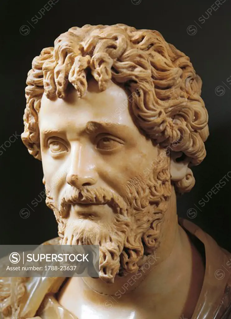Detail of the head of bust of Emperor Septimius Severus (Lucius Septimius Severus Pertinax, 146 - 211 A.D. ), Severan dynasty, imperial age, marble