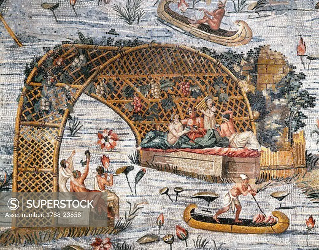 Italy, Lazio, Palestrina, Sanctuary at Praeneste, Mosaic work depicting life scene on the banks of the Nile
