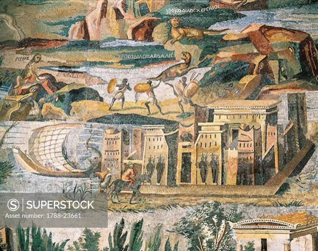 Italy, Lazio, Palestrina, Sanctuary at Praeneste, Mosaic work depicting a Nilotic scene and Egyptian temple