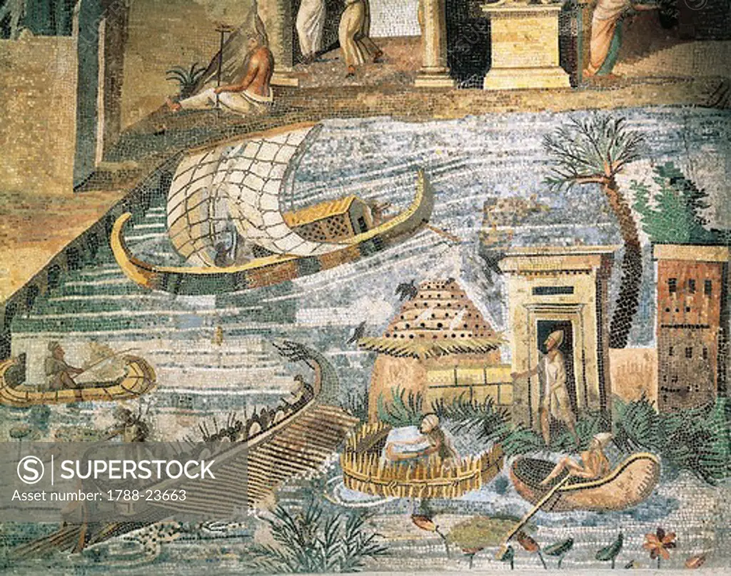 Italy, Lazio, Palestrina, Sanctuary at Praeneste, Mosaic work depicting a sailing scene along the Nile