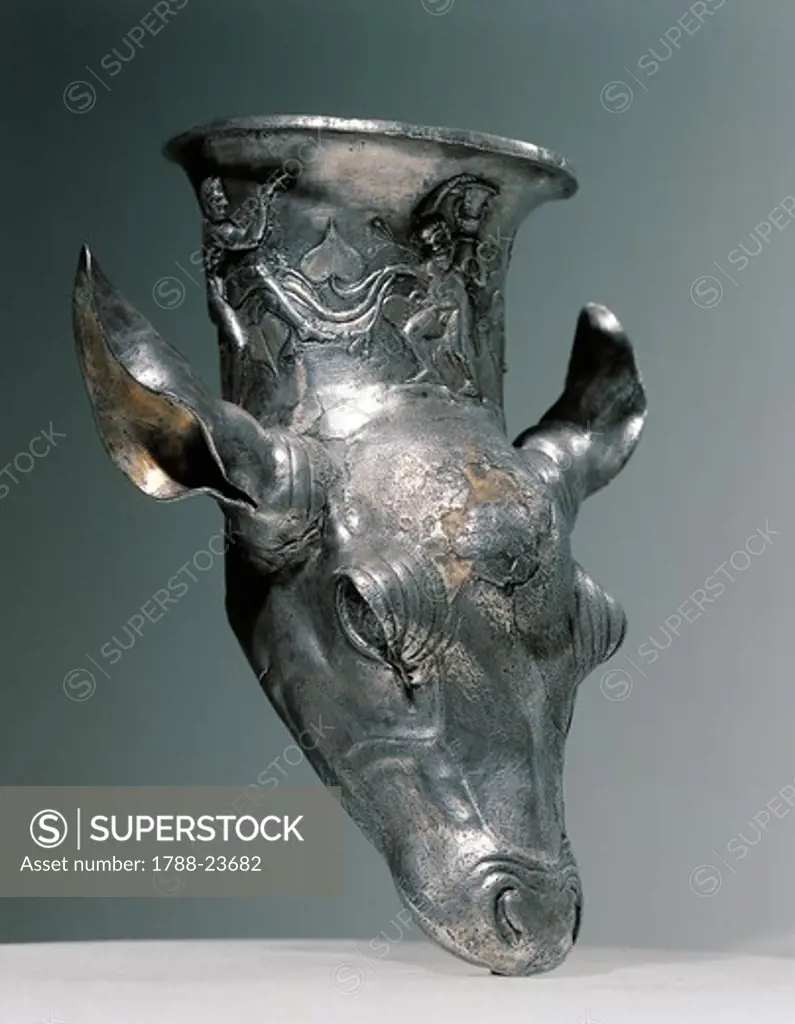 Bulgaria, Plovdviv, Rozovec, Rhyton (drinking vessel) in the shape of an animal protome (bust), silver