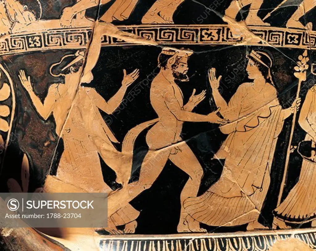 Italy, Val Trebbia, Spina, Detail of Satyr and Maenads from red-figure Attic krater, painted by the painter of the Niobides, 460 B.C.