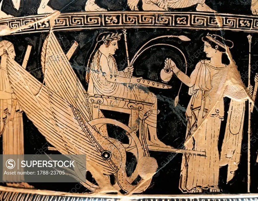 Italy, Val Trebbia, Spina, Detail of a scene of Eleusinian cult, Triptolemus on a winged chariot and Demeter form red-figure Attic krater, painted by the painter of the Niobides, 460 B.C.