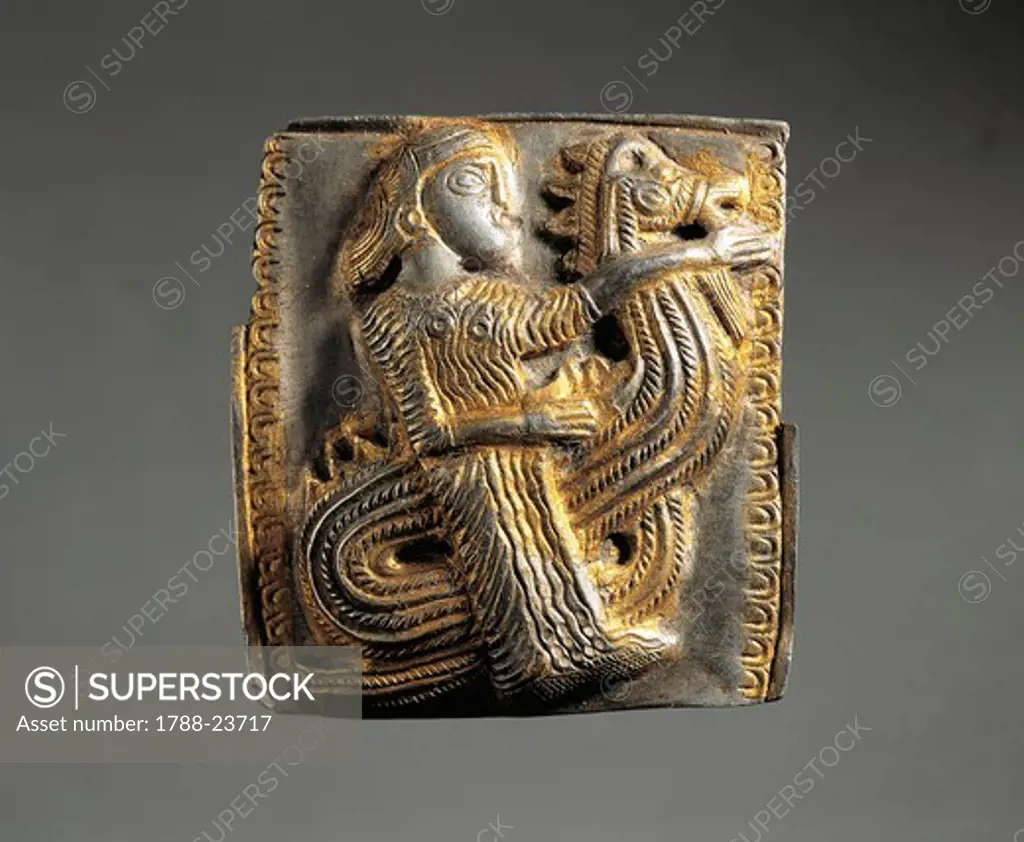 Bulgaria, Harness stud decorated with a relief depicting a Nereid riding a hippocampus, gilded silver