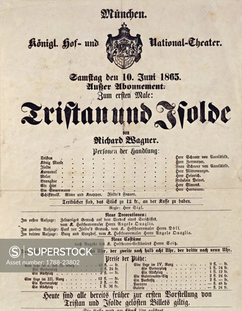 Germany, Munich, playbill for premiere of Tristan and Isolde, at National Theatre on 10th June, 1865