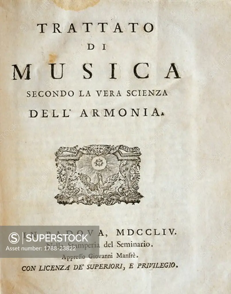 Frontispiece of Treatise of musical theory (""Trattato di musica secondo la vera scienza dell'armonia""), Giuseppe Tartini, Padua, 1754