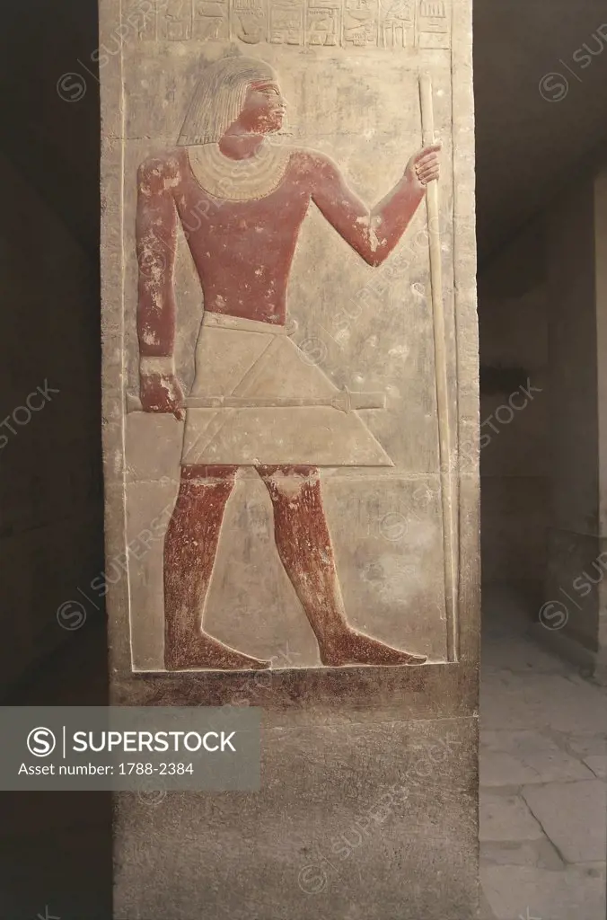 Egypt - Cairo - Ancient Memphis (UNESCO World Heritage List, 1979). Saqqara. Necropolis. Private funerary mastaba of Mereruka, 6th Dynasty, 2349 BC. Pillar. Painted relief of dead Mereruka