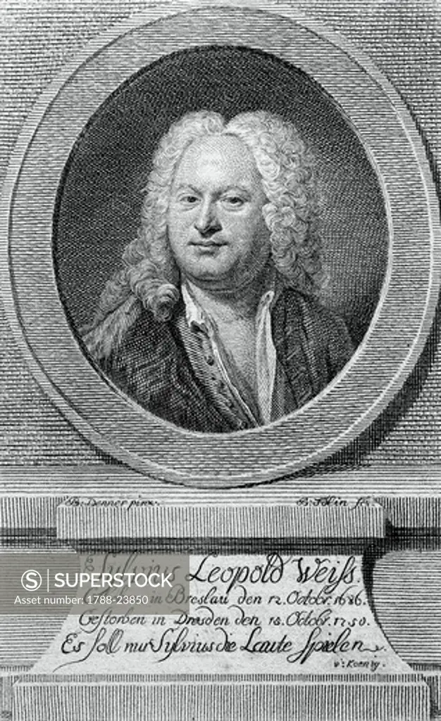 Portrait of Sylvius Leopold Weiss, German composer and lutenist, engraving by B. Folin from drawing by B. Denner