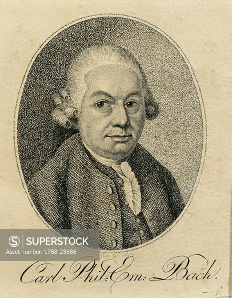 Germany, Portrait of Carl Philipp Emanuel Bach (Weimar, 1714 - Hamburg, 1788), German composer and organist, engraving