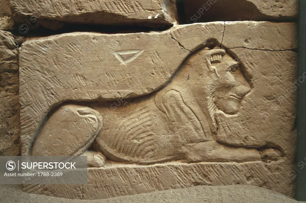 Egypt. Libyan Desert. Al-Dakhilah (Dakhla) Oasis. Ezbet Bashendi. Tomb of Kitines, 1st century BC. Sunken relief of lion