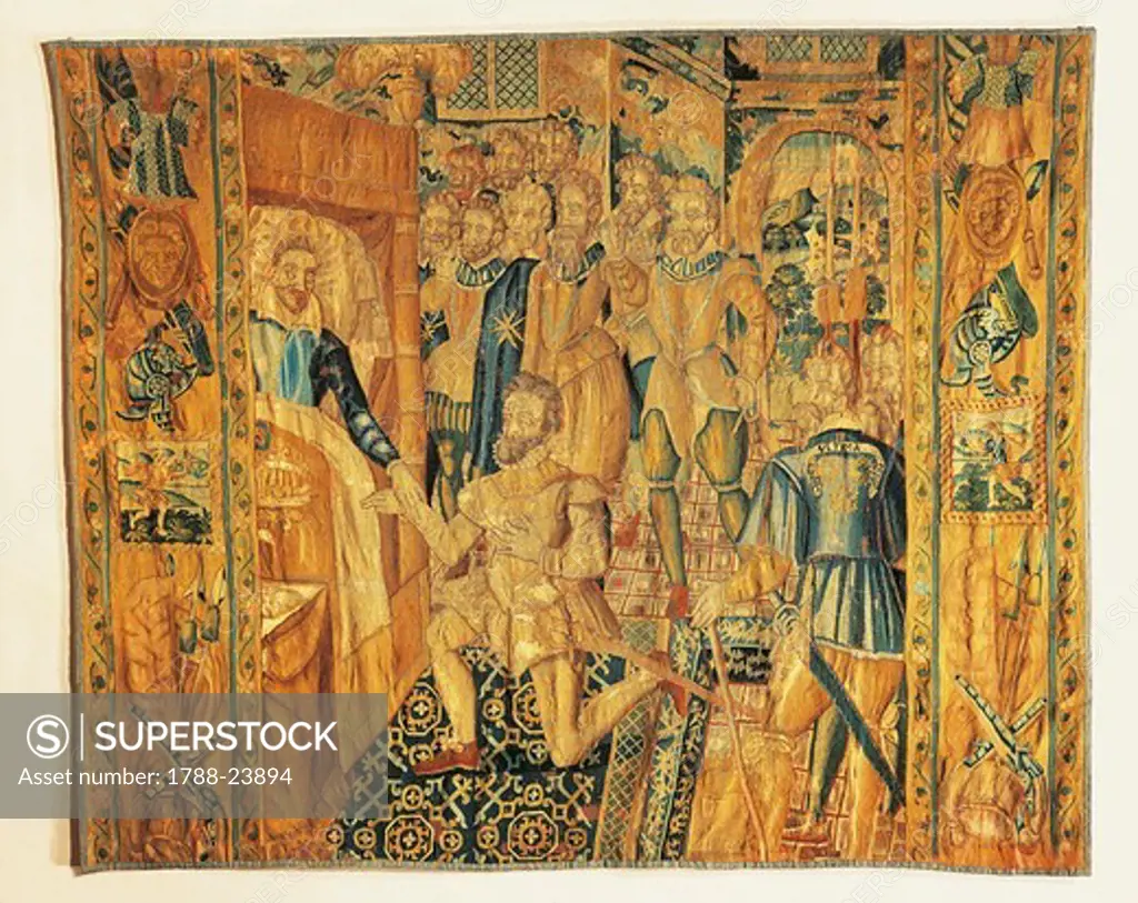 Tapestry depicting Henry III of Valois while transferring emblems of power to Henry of Navarre
