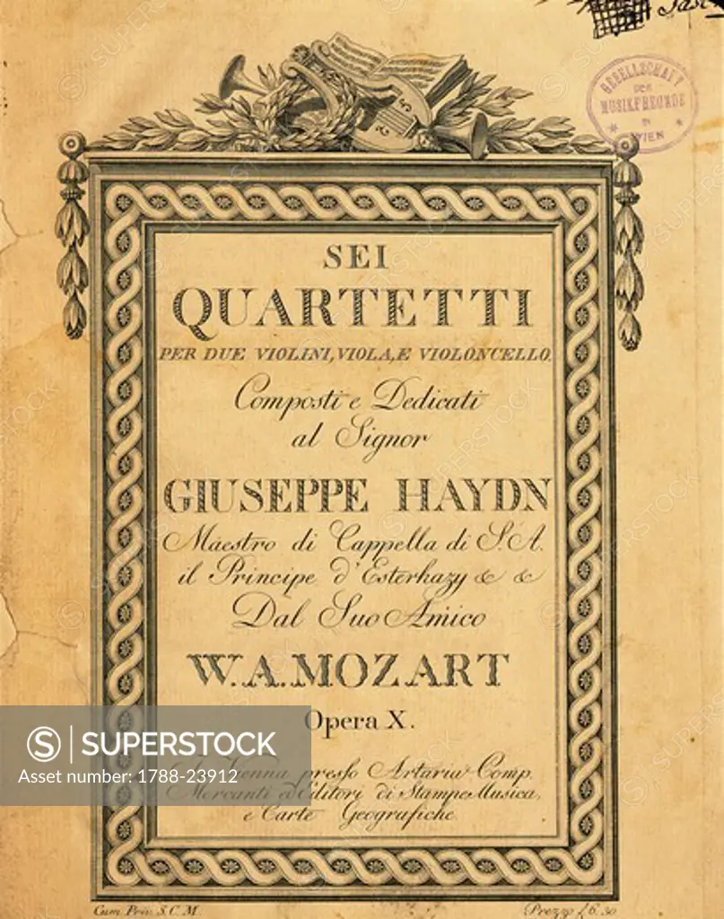 Wolfgang Amadeus Mozart (1756-1791), Six quartets dedicated to his friend Joseph Haydn, Op. 10, frontispiece