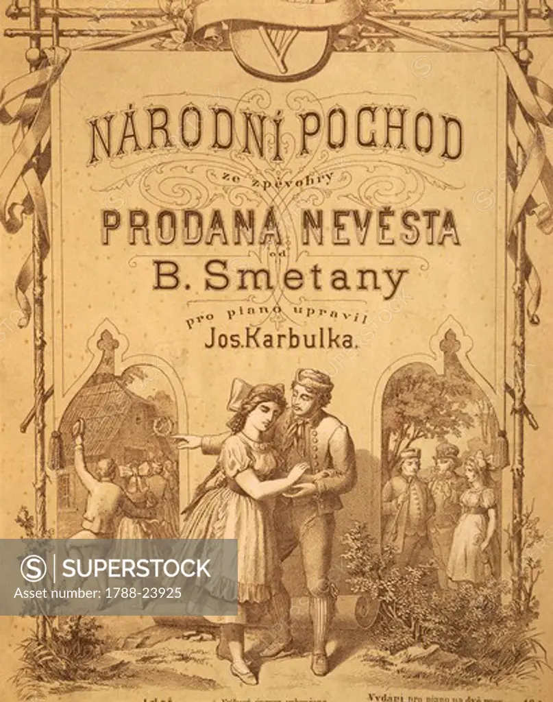 Czechoslovakia, Prague, Bedrich Smetana (1824-1884), frontispiece of the March dedicated to the Czech National Guard (Narodni Pochod), The Bartered Bride (Prodana Nevesta), Piano transcription