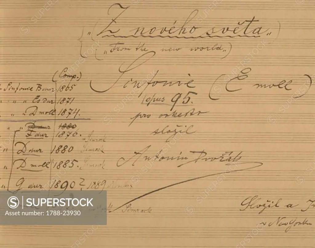 Czechoslovakia, Prague, Antonin Leopold Dvorak (1841-1904), Symphony No. 9 (or No. 5) in E Minor ""From the New World"", Op. 95, 1893, Autograph frontispiece