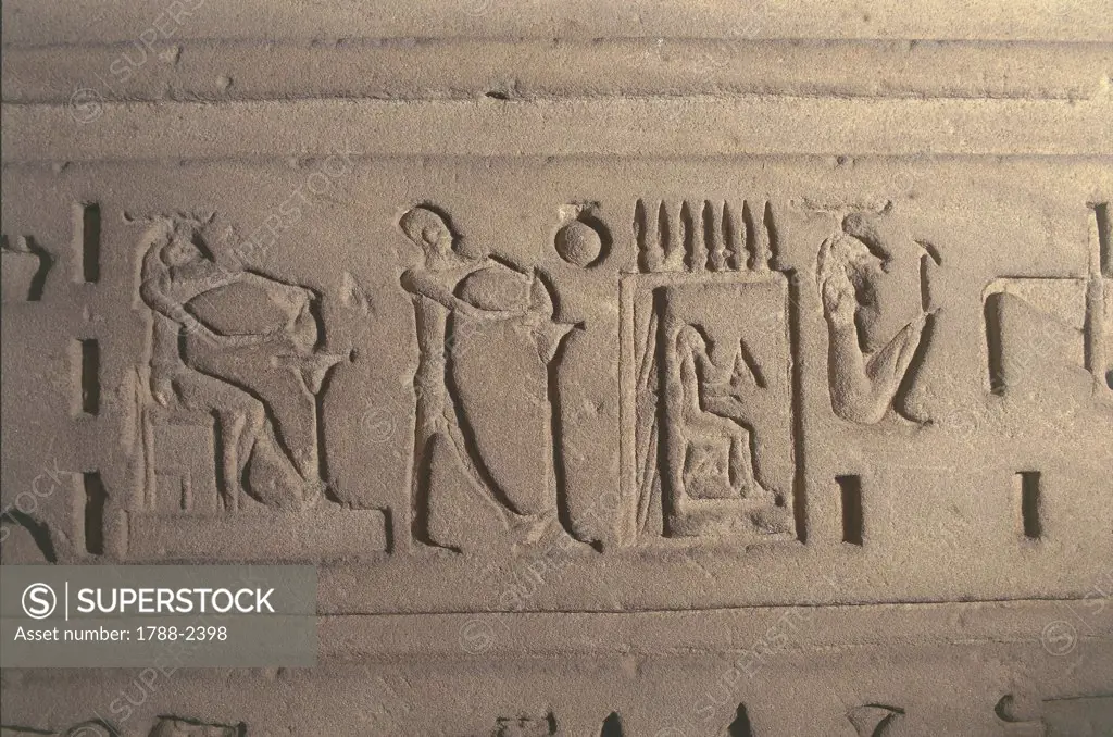 Egypt - Esna (Isna). Temple of Khnum. Hieroglyphed inscriptions. Ptolemaic dynasty