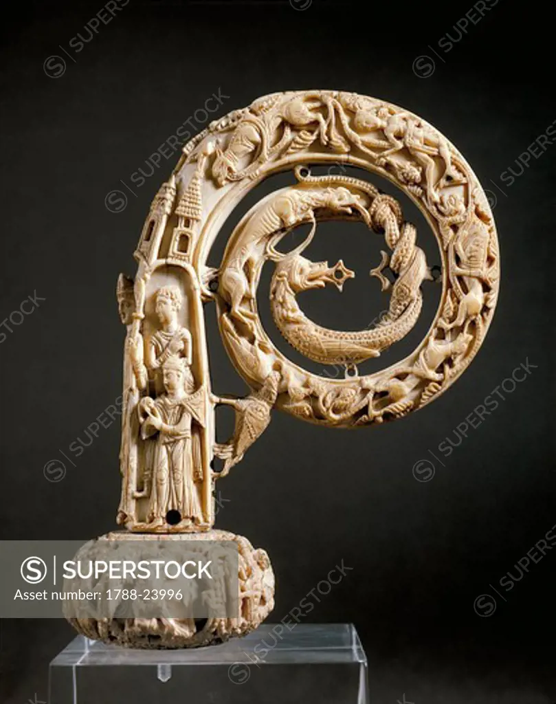 Ivo of Chartres' carved ivory crozier, Curved top from Treasury of Beauvais Cathedral