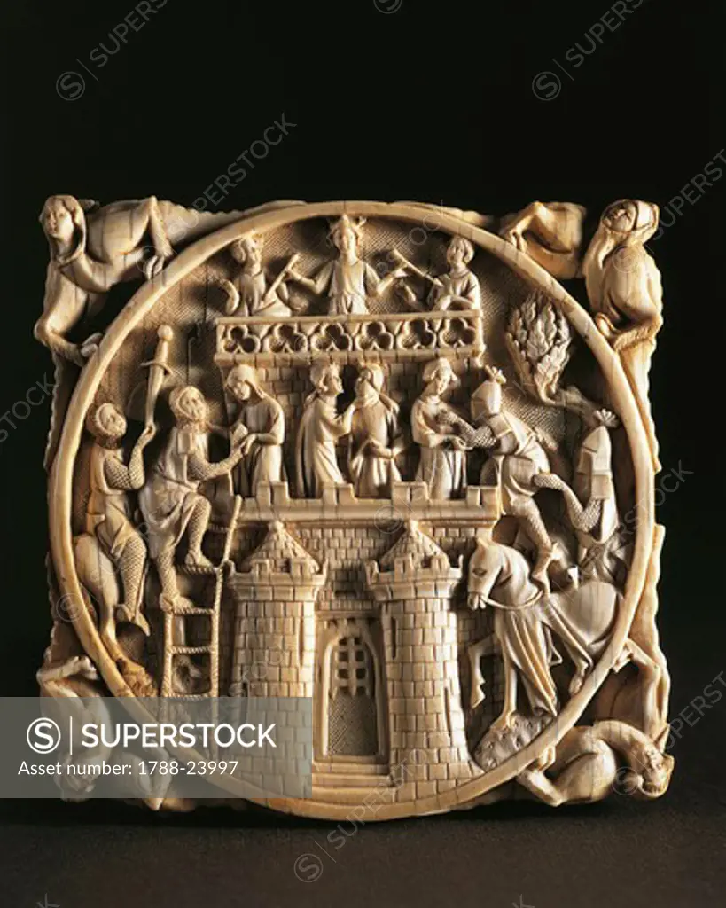 Part of ivory mirror case carved with scenes of siege of castle of God of Love