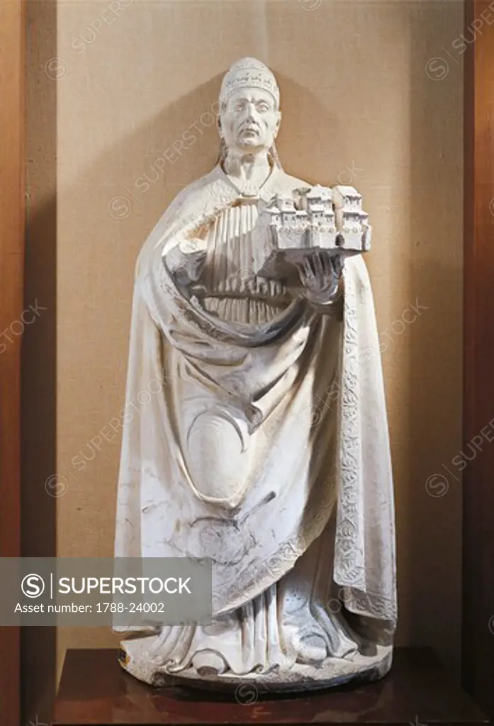 Statue of pope Celestine V holding Italian town of L'aquila, by Girolamo da Vicenza