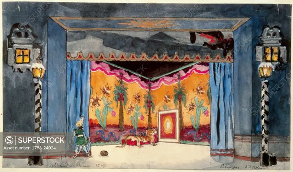 France, Paris, Set design sketch for Stravinsky's ""Petruchka"", Act III, At the Moor's