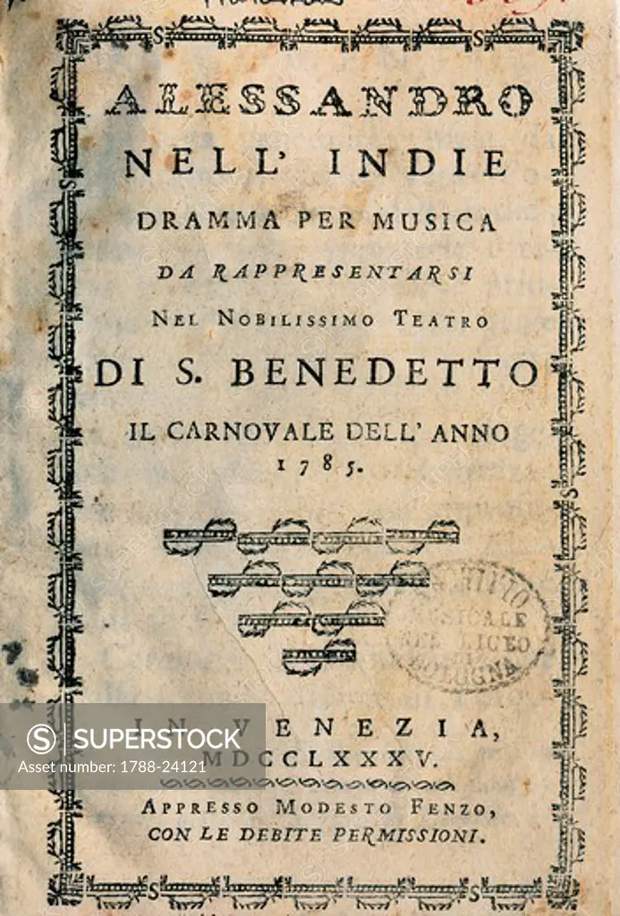 Italy, Bologna, frontispiece of Metastasio, pseudonym of Pietro Trapassi, Alexander in India
