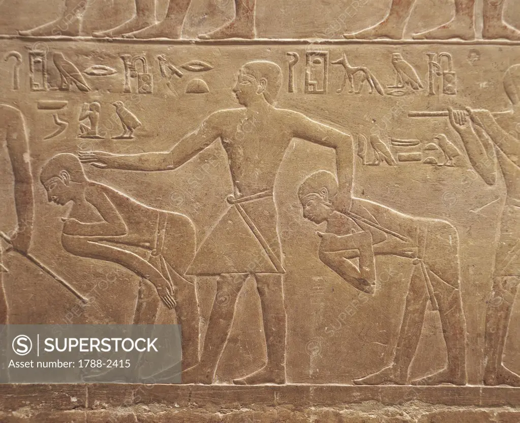 Egypt - Cairo - Ancient Memphis (UNESCO World Heritage List, 1979). Saqqara. Necropolis. Private funerary mastaba of Mereruka, 6th Dynasty, 2349 BC. Relief, punishment of slaves