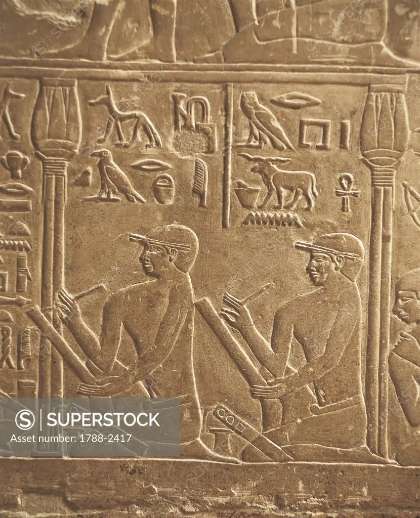 Egypt - Cairo - Ancient Memphis (UNESCO World Heritage List, 1979). Saqqara. Necropolis. Private funerary mastaba of Mereruka, 6th Dynasty, 2349 BC. Relief of scribes