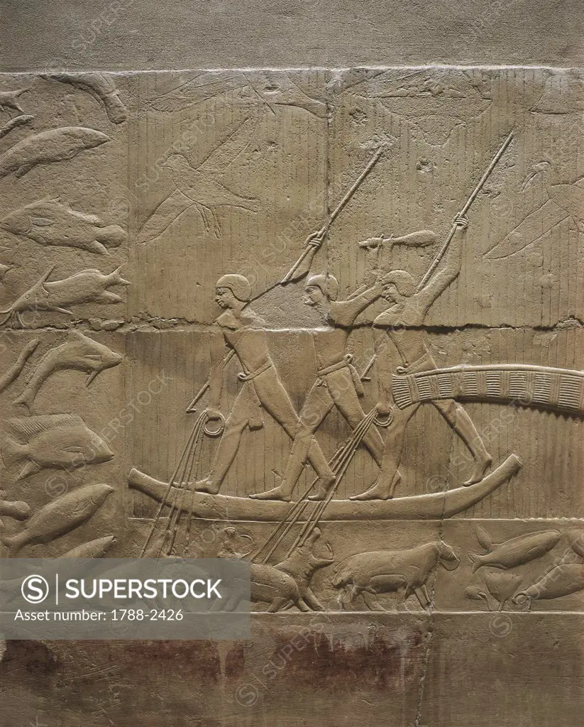 Egypt - Cairo - Ancient Memphis (UNESCO World Heritage List, 1979). Saqqara. Necropolis. Private funerary mastaba of Kagemni. Old Kingdom, 6th Dynasty. Great Hall. Relief of hunting scene