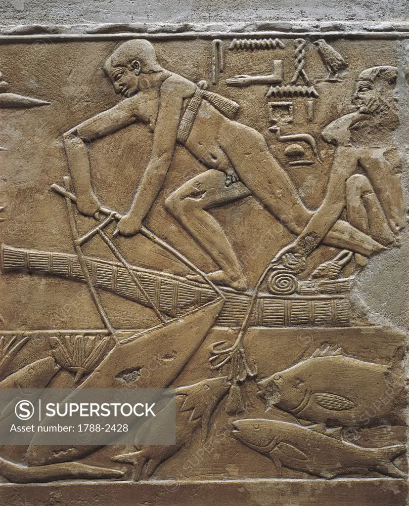 Egypt - Cairo - Ancient Memphis (UNESCO World Heritage List, 1979). Saqqara. Necropolis. Private funerary mastaba of Kagemni. Old Kingdom, 6th Dynasty. Great Hall. Relief of fishing scene