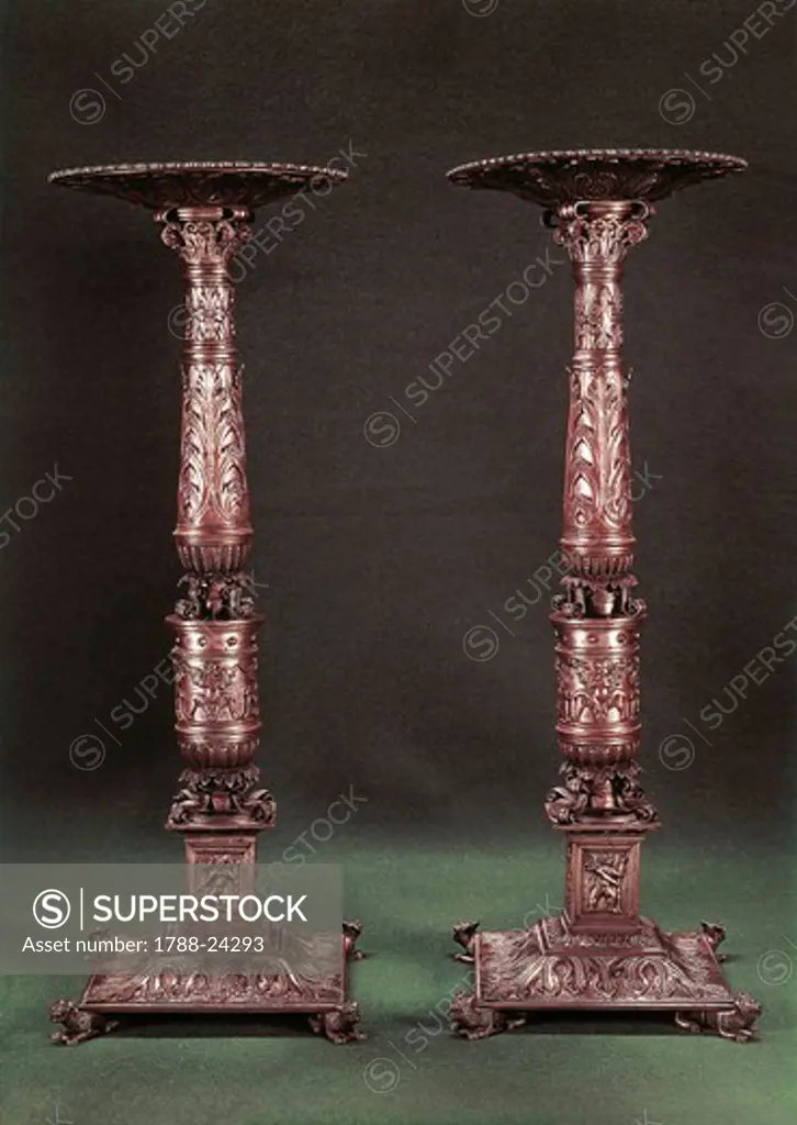 Pair of engraved pewter candelabra from Chateau d'Ecouen (Ecouen castle)