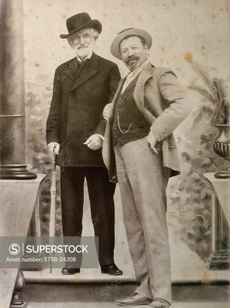 Italy, milan, Italian composer Giuseppe Verdi (1813 - 1901) with tenor singer Francesco Tamagno (1850 - 1905), in Montecatini