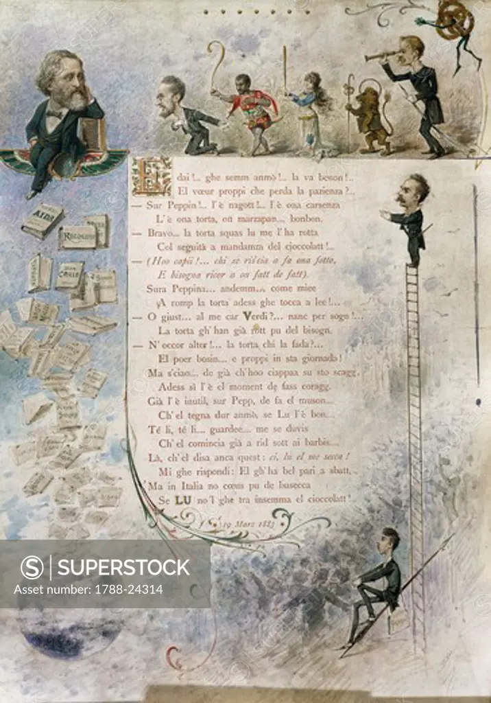 Italy, Milan, Caricature and jocular poem in Milanese dialect from opera Otello by Giuseppe Verdi (1813-1901)