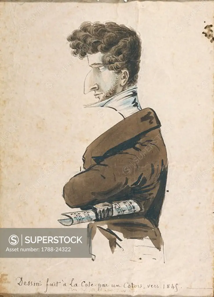 France, la-cote-saint-andre, Caricatural portrait of French composer Hector Berlioz (1803 - 1869)