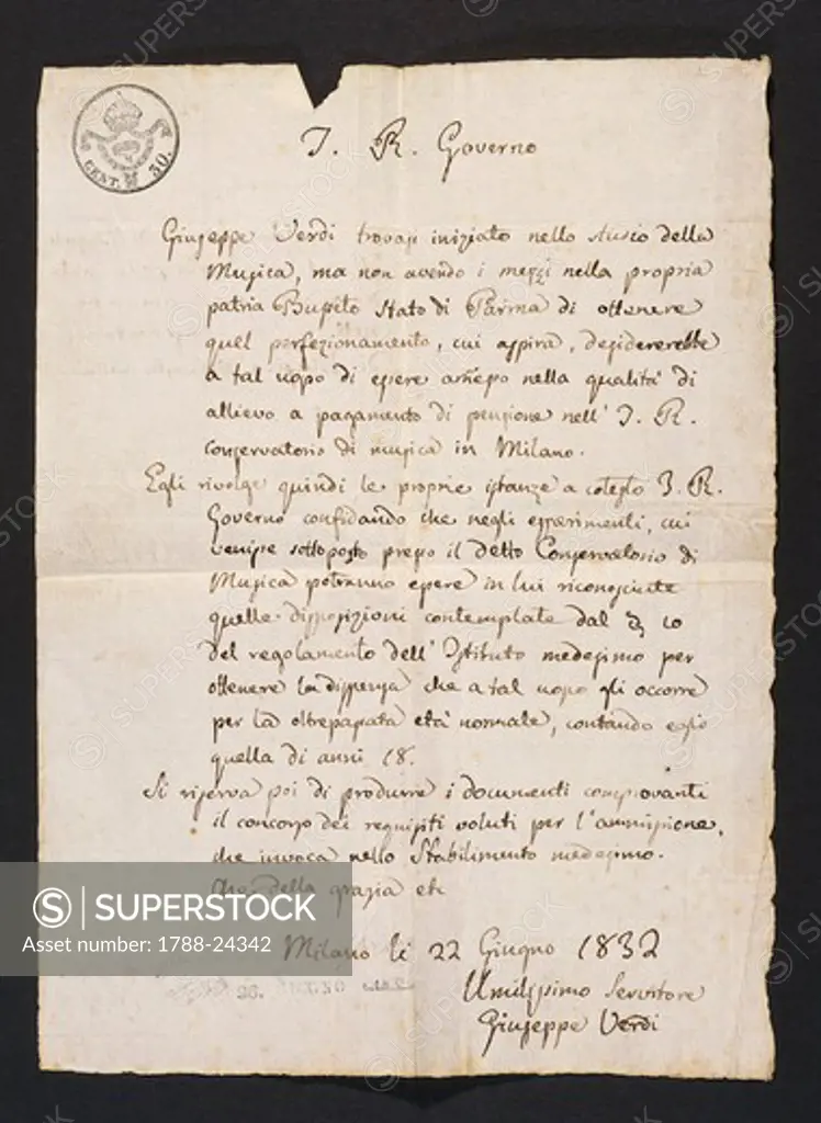 Italy, sant'agata di villanova sull'arda, Giuseppe Verdi's (1813-1901) application letter to Milan Conservatorio di Musica (Academy of Music), June 22, 1832