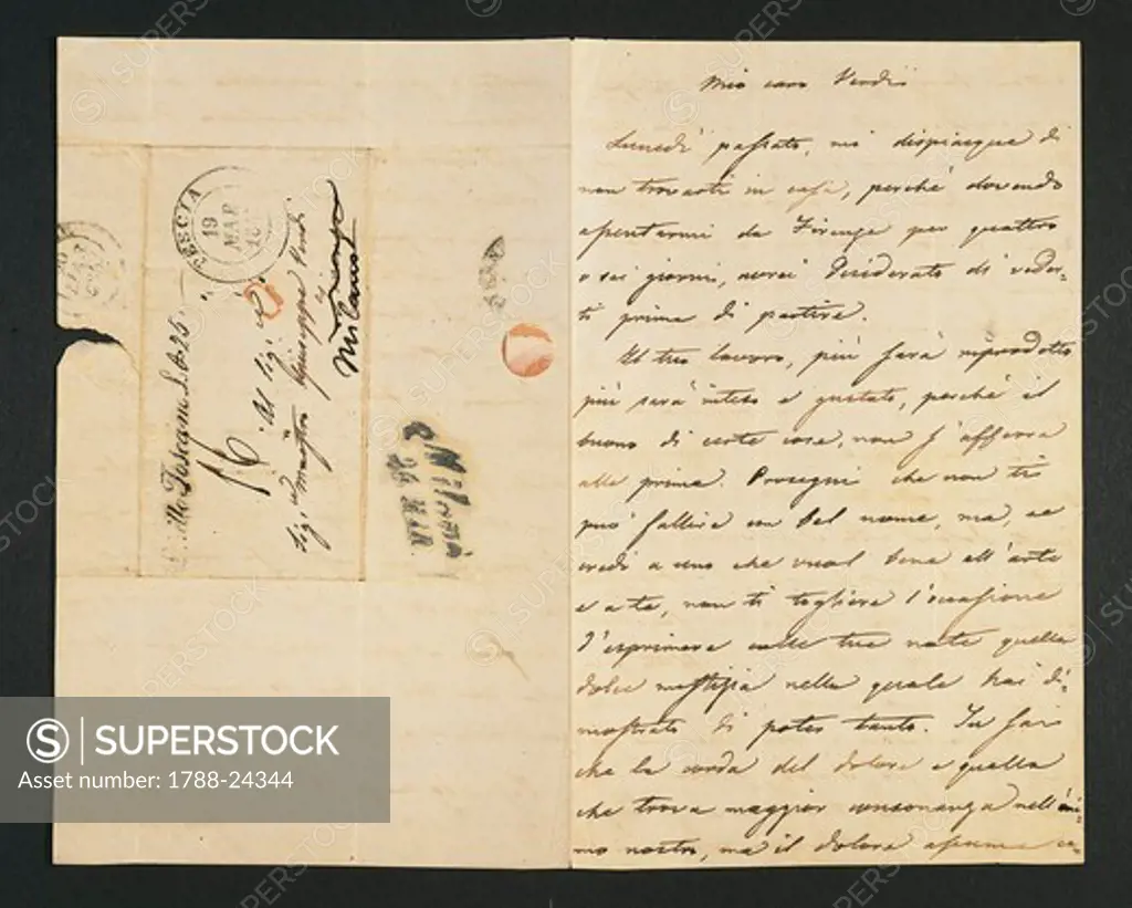 Italy, sant'agata di villanova sull'arda, Letter from poet Giuseppe Giusti (1809 - 1850) to composer Giuseppe Verdi (1813-1901) on occasion of Macbeth premiere, March 19, 1847
