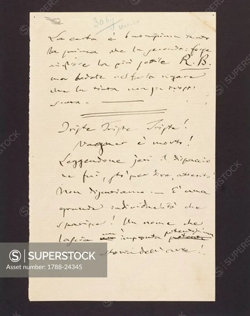 ITaly, sant'agata di villanova sull'arda, Giuseppe Verdi's (1813-1901) letter of Maestro on occasion of Richard Wagner's death in Venice, on February 13th, 1883